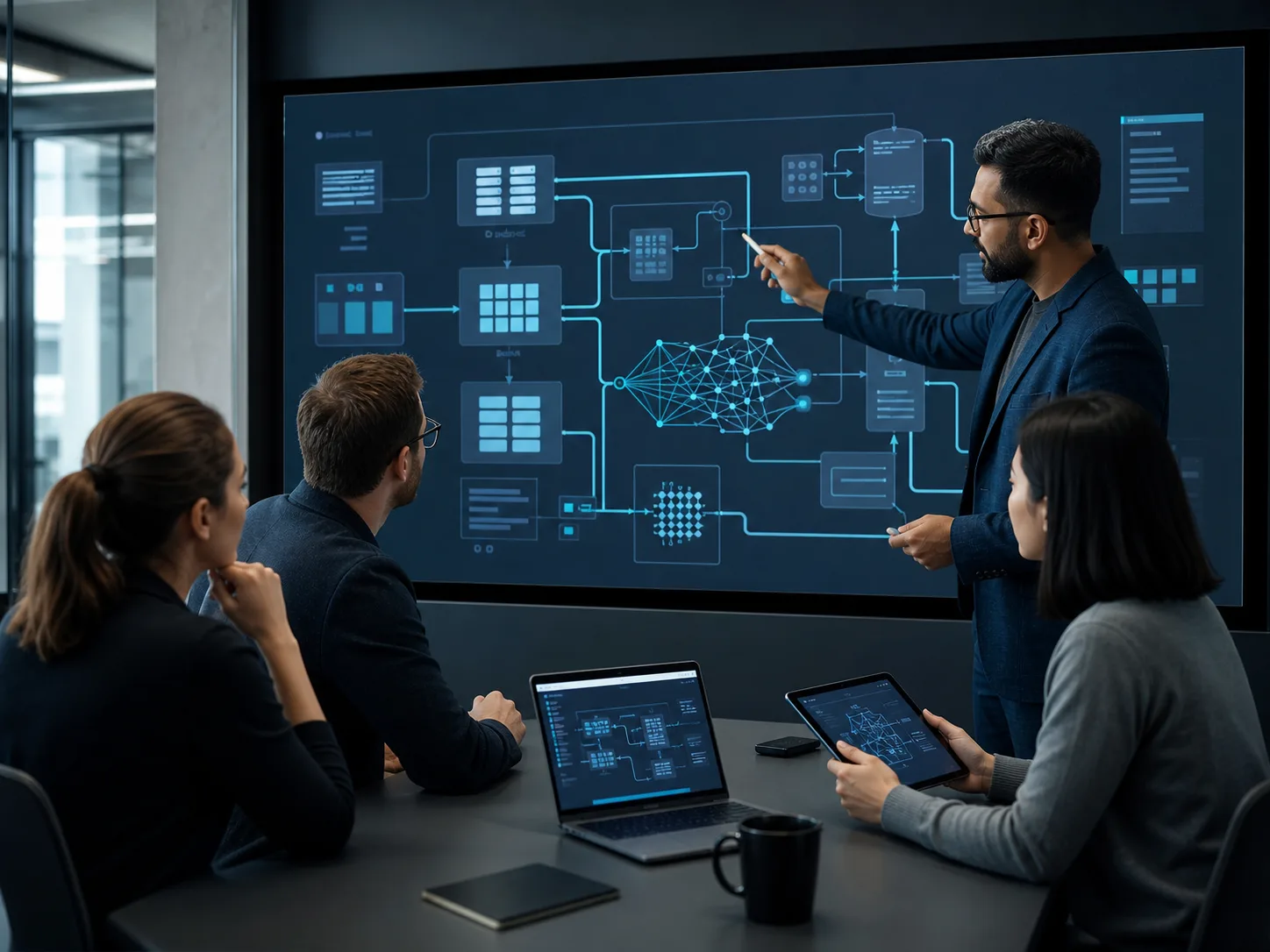 AI architect explaining system design to an engineering team
